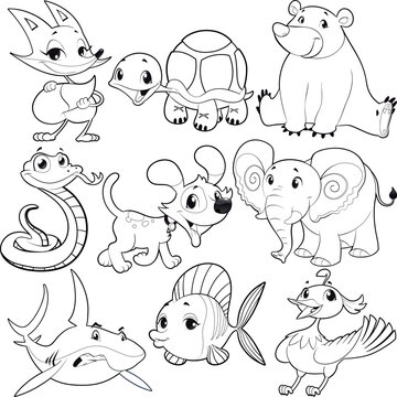 Set of animals in black and white. Cartoon and vector isolated characters.