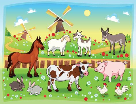 Farm animals with background. Vector and cartoon illustration.