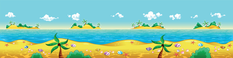 Seashore and ocean. Vector illustration with measures: 6144x1536 pixels, adaptable to iPad screen. The sides repeat seamlessly for a possible, continuous animation.