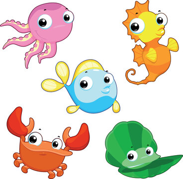 Happy sea family. Funny cartoon and vector isolated characters