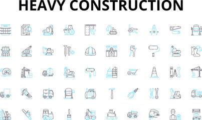 Heavy construction linear icons set. Excavation, Bulldozer, Grader, Crane, Backhoe, Trencher, Roller vector symbols and line concept signs. Paver,Dumptruck,Excavator illustration