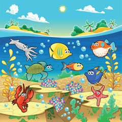 Naklejka na ściany i meble Family of funny fish in the sea. Vector and cartoon illustration.