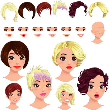 Fashion female avatars. 6 hairstyles, 6 eyes, 6 mouths, 1 head, for multiple combinations. In this image, some previews. Vector file, isolated objects.