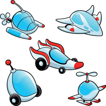 Funny spaceships. Cartoon and vector isolated objects.