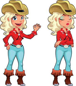 Cowgirl expressions. Funny cartoon and vector isolated characters