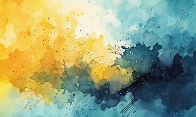 Watercolor background, yellow desktop wallpaper blue abstract design, generative AI