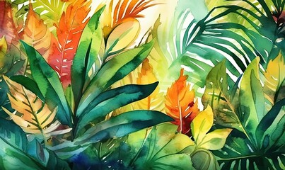 Fototapeta na wymiar Watercolor tropical summer background with vegetation, generative AI