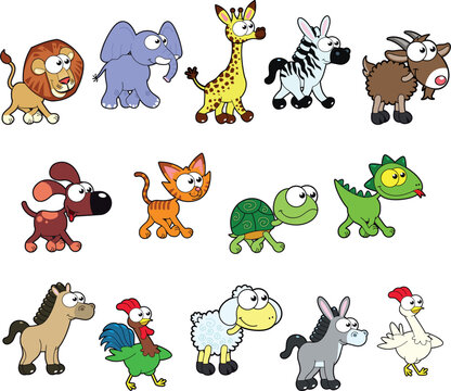 Group of funny animals. Vector, cartoon isolated characters.