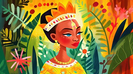 cute fairytale children book style illustration character art, cute fairytale tribal Jamaican princess in forest, Generative Ai