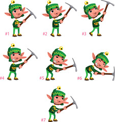 Animation of Dwarf digging. Seven frames, in loop. Vector cartoon isolated character/frames.