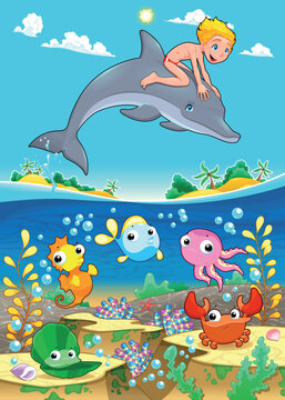 Boy and dolphin with fish unde the sea. Funny cartoon vector illustration