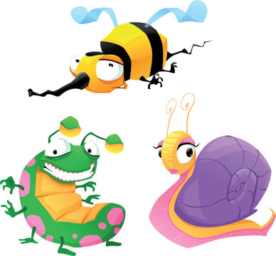 Two funny insects and one snail. Cartoon isolated vector characters.