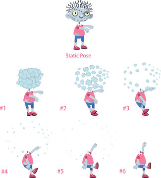 Animation of Zombie with explosion of head. Six frames and 1 static pose. Vector cartoon isolated frames.