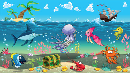 Naklejka na ściany i meble Funny scene under the sea. Vector cartoon illustration