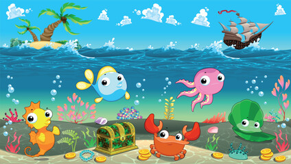 Fototapeta na wymiar Funny scene under the sea. Vector cartoon illustration