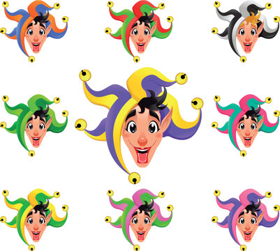 Joker faces in different colors. Cartoon vector isolated objects.