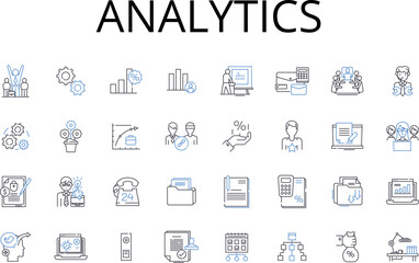 Analytics line icons collection. Data mining, Information retrieval, Business intelligence, Statistical analysis, Performance tracking, Market research, Data interpretation vector and linear