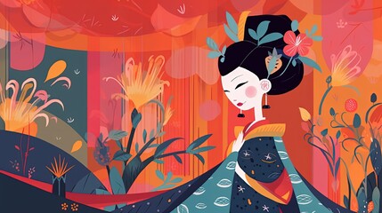 cute fairytale children book style illustration character art, cute fairytale tribal Japanese princess in forest, Generative Ai