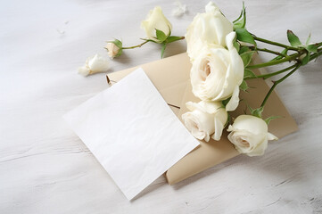 White roses with kraft envelope. Generative ai