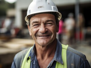 Smiling builder in hard hat at a construction site. 