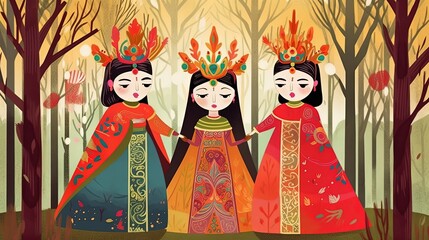 cute fairytale children book style illustration character art, cute fairytale tribal Korean princess in forest, Generative Ai