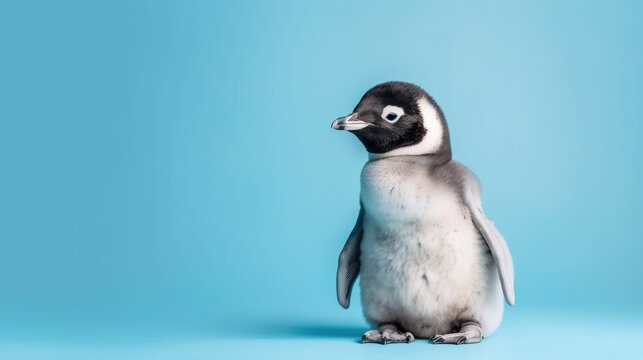 Cute baby penguin on the light blue background with copy space, photorealistic illustration, generative AI
