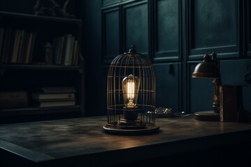 Caged lamp on table with bulb and dark wall behind. Generative AI