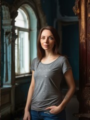 Portrait of a beautiful young woman in an old abandoned building.