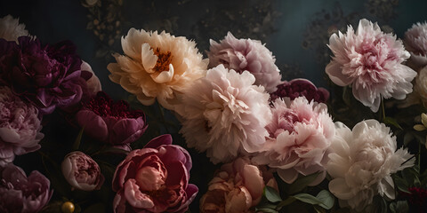 Dark moody floral peony flowers wall background