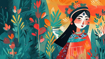 cute fairytale children book style illustration character art, cute fairytale tribal princess in forest, Generative Ai