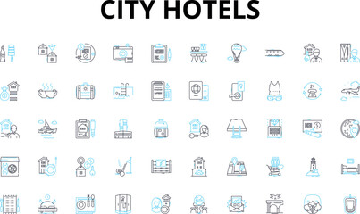 Fototapeta na wymiar City hotels linear icons set. Luxury, Central, Boutique, Urban, Business, Cosmopolitan, Contemporary vector symbols and line concept signs. Stylish,Modern,Iconic illustration