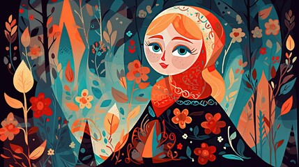 cute fairytale children book style illustration character art, cute fairytale tribal Russian princess in forest, Generative Ai
