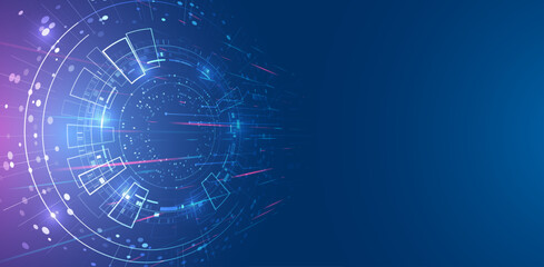 Obraz premium Digital internet communication on blue background. Wide Cyber security internet and networking concept. Hi-tech vector illustration with various technology elements. Abstract global sci fi concept.