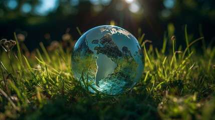 Obraz na płótnie Canvas Glass Transparent Globe of Planet Earth on Grass - Green Energy and Climate Change Concept for the Environment - Generative AI
