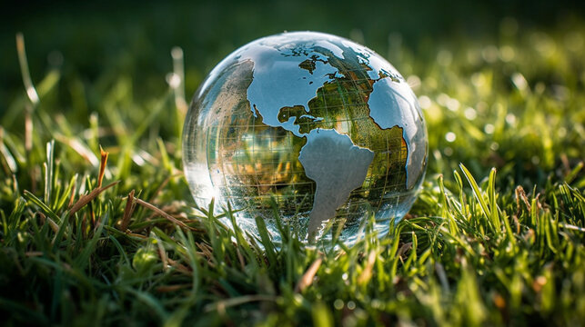 Glass Transparent Globe of Planet Earth on Grass - Green Energy and Climate Change Concept for the Environment - Generative AI