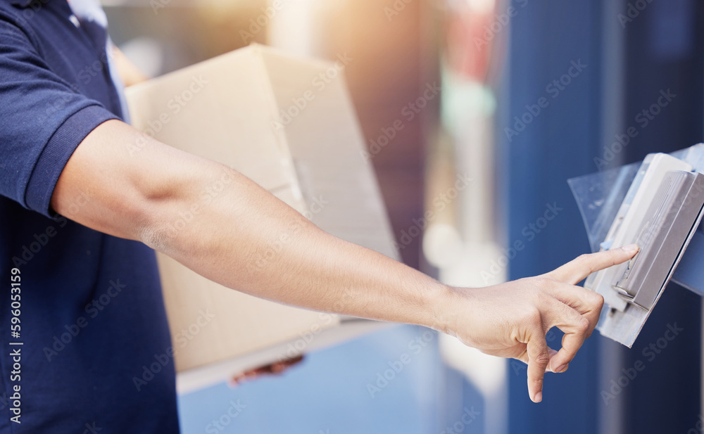 Poster im right at your door with your order. closeup shot of an unrecognisable man ringing a buzzer while 