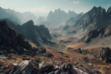 Scenic view of rocky terrain and towering peaks. Generative AI