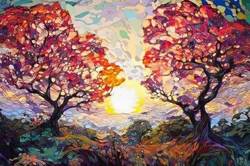 Obraz na płótnie Canvas impasto painting showing two fushia bougainvillea trees 