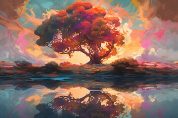 Obraz na płótnie Canvas modern fine art painting of two fushia bougainvillea trees 