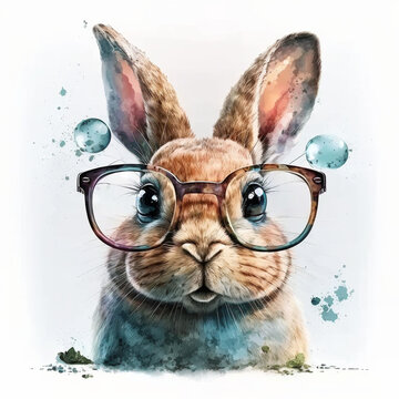 Watercolor Bunnies in Glasses Clip Art, Cute Bunny Design, Rabbit Illustrations. Easter Bunny, Abstract Image. Generative AI