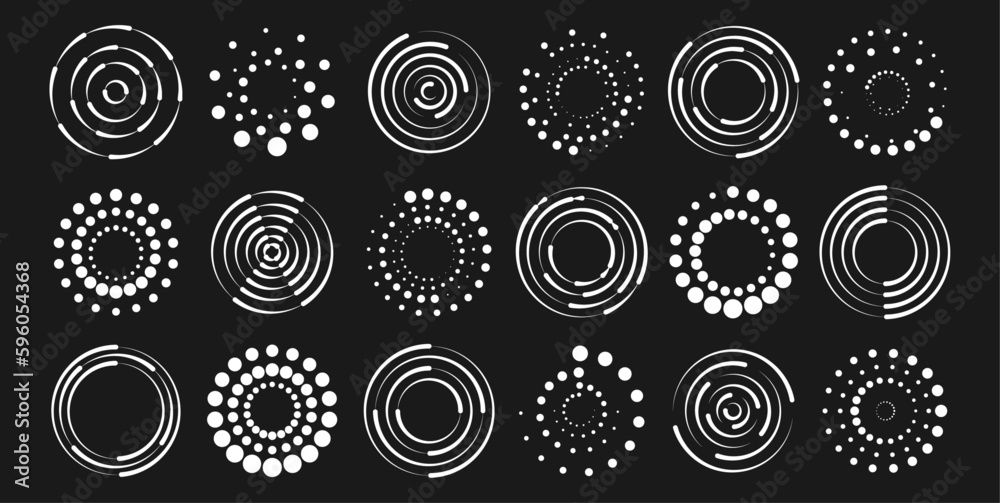 Aufkleber Speed lines circle frames. Round swirl and curves movement spiral symbols. Modern dots halftone abstract elements, radial racy vector logo design