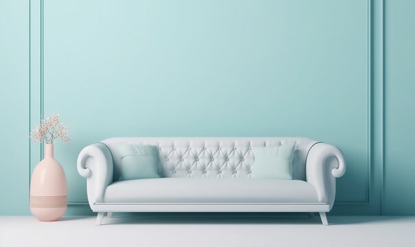 morbido divano azzurro su sfondo azzurro chiaro, stile minimalista, arredamento colori pastello, visto frontalmente, creato con ai