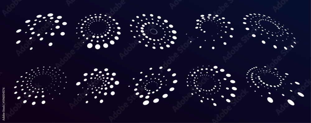 Aufkleber Speed lines circle frames. Round swirl and curves movement spiral symbols. Modern dots halftone abstract elements, radial racy vector logo design