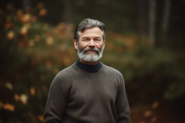 Portrait of a senior man in the autumn forest. Smiling and looking at camera.
