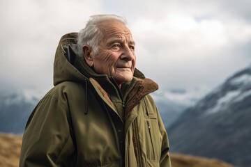 Portrait of a senior man in a green jacket against the background of mountains