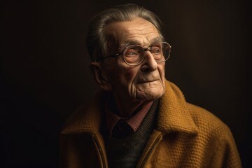 Obraz premium Portrait of an old man with glasses on a dark background.