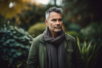 Portrait of a handsome middle-aged man with grey hair wearing a green jacket and a gray scarf.