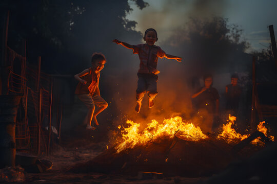 Several children jump over the fire in the evening in the forest, camp hike, summer gatherings, fun entertainment. Generative AI