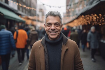 Portrait of a handsome middle-aged man with grey hair in a coat on the background of Christmas market