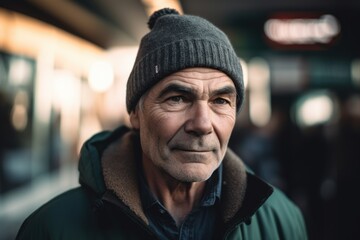 Portrait of an elderly man in a cap and jacket on the street